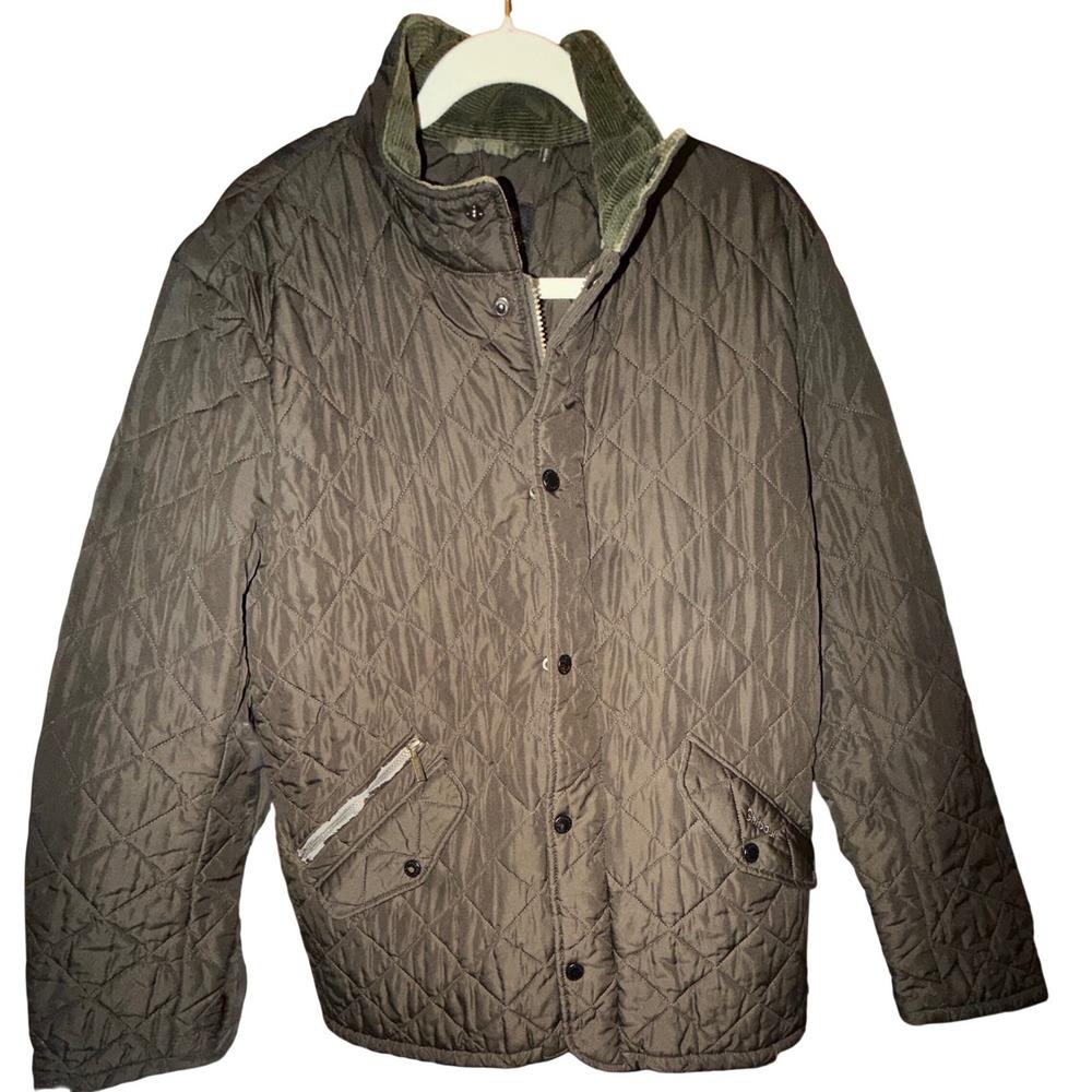 Barbour Quilted Jacket Men Medium Brown Tan Diamond Quilt Cord. Collar‎ see pic